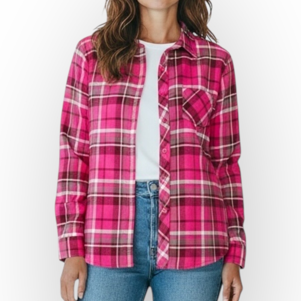 Vintage Old Mill Women’s XL Pink Plaid 100% Cotton Flannel Button Up Shirt
